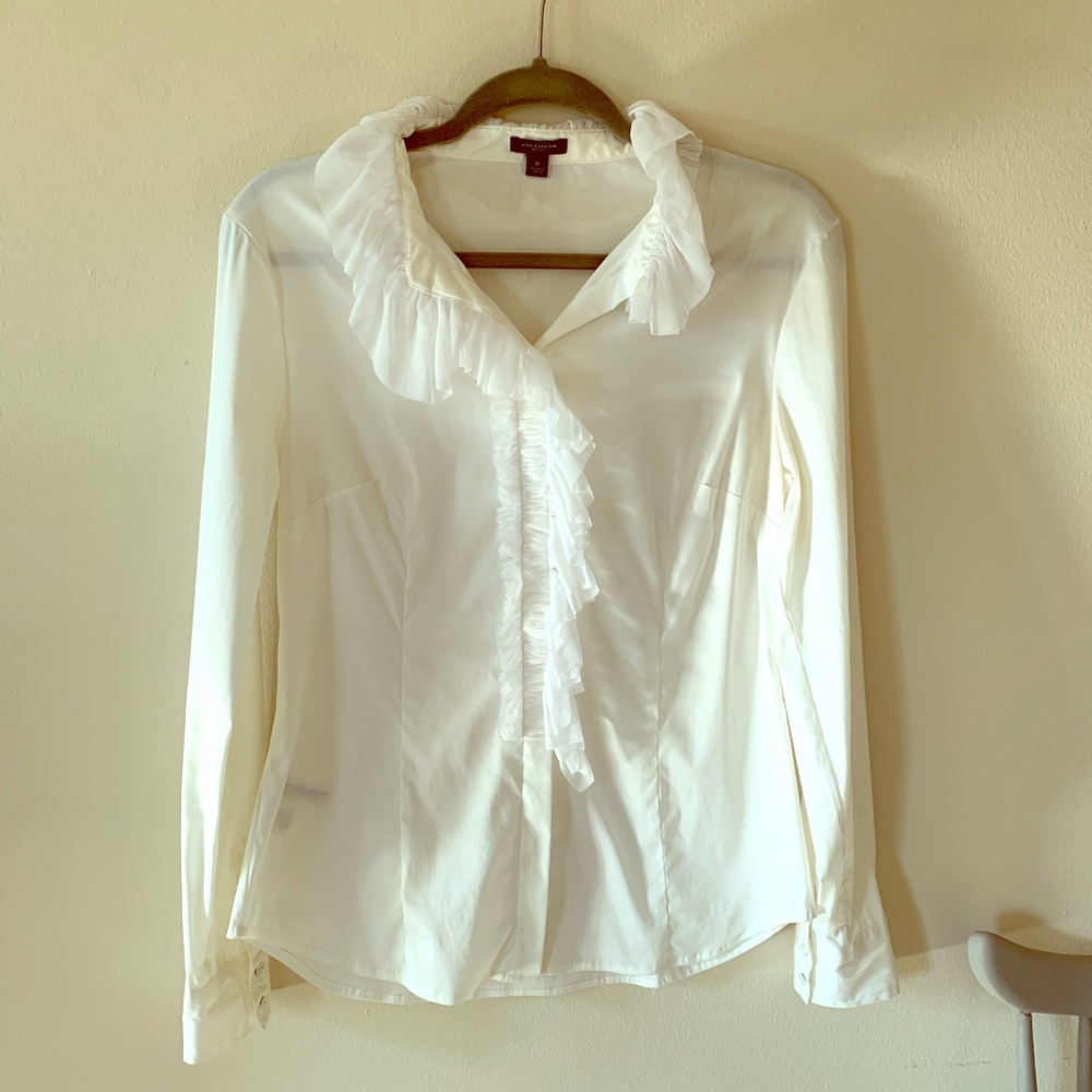 Ann Taylor white ruffle button down shirt size 8